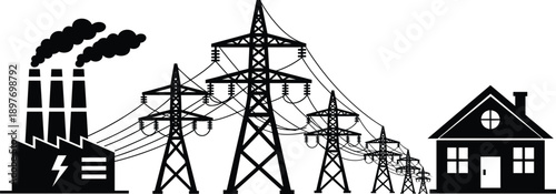 Vector, black, silhouettes, of, a, power, plant, factory, with, high, voltage, electrical, pylons, and, energy, lines, supplying, electricity, to, a, residential, house, for, industrial, graphics