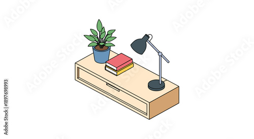 Desk with Books Plant and Lamp.