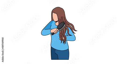 Woman Brushing Long Brown Hair with Comb.