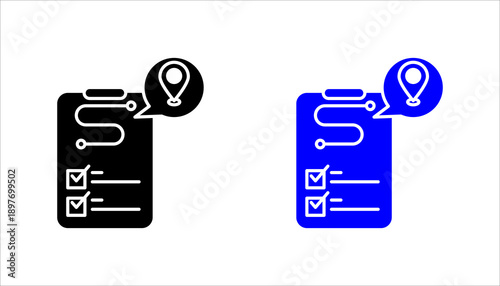 Line icon set. illustrating a checklist combined with location pin, symbolizing task planning, field work management, and location-based assignments.
