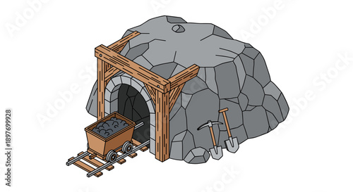Cartoon Mine Entrance with Ore Cart.