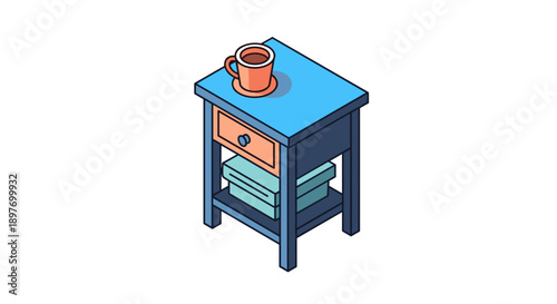 Blue Nightstand with Orange Mug and Drawer.