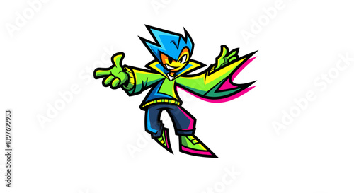 Cartoon Character with Blue Hair and Cape.