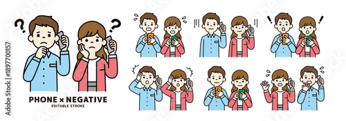 スマホを持つ若い男性と女性の、様々な表情・ポーズのベクターイラスト素材セット＿ネガティブ