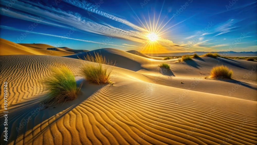 Naklejka premium Golden Hour Desert Sandscape Sunbeams Illuminate Undulating Dunes and Resilient Desert Flora