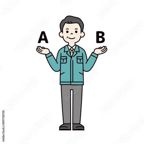 二つを比べる・比較する、作業着を着た50代・60代のビジネスマンの全身ベクターイラスト素材