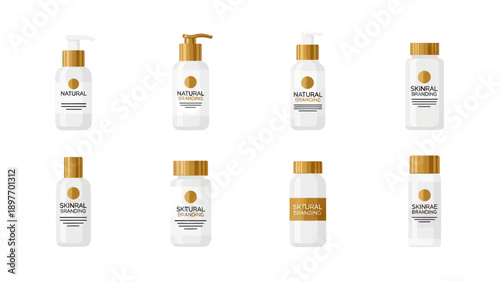 Cosmetic Bottles Set with Gold Caps and Labels