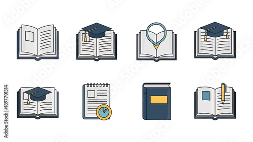 Education and Learning Icons Set: Books, Graduation Caps, and Study Symbols