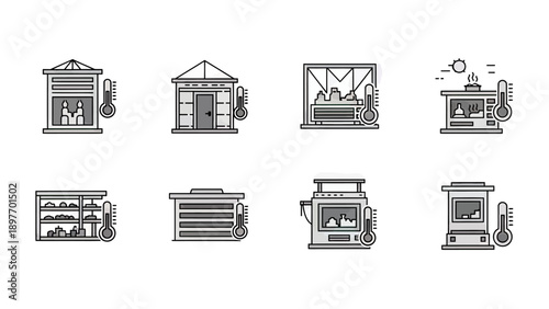 Cozy Home Heating Icons: Fireplaces, Stoves and Thermometers