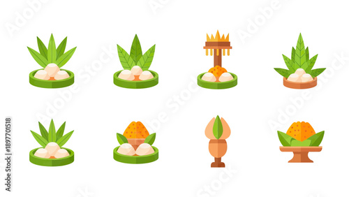 Balinese Offerings with Tropical Leaves and Flowers Vector Icons