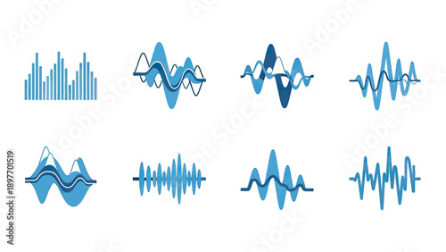 Set of Blue Sound Waves and Audio Data Visualizations