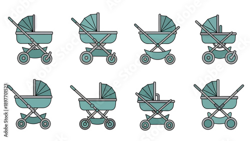 Set of Vintage Baby Stroller Icons in Teal Color
