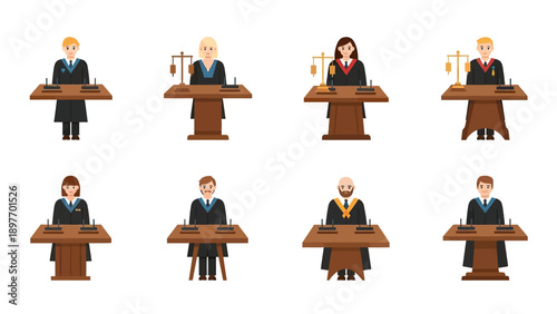 Diverse Judges in Robes Sitting at Desks with Gavel and Scales