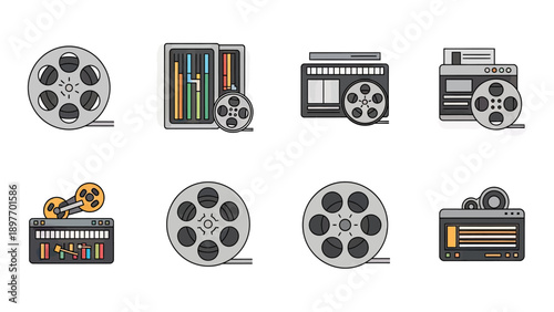 Film Reel and Editing Software Icons Vector Illustration