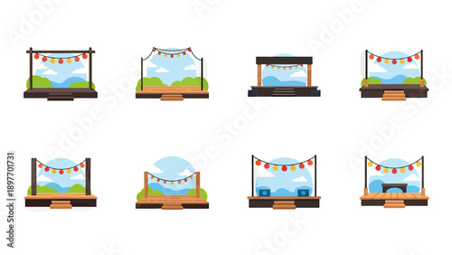 Outdoor Stage Designs with Festive Bunting and Nature Backgrounds