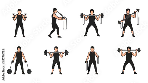 Fitness Workout Routine: Exercise Set with Dumbbells and Barbell