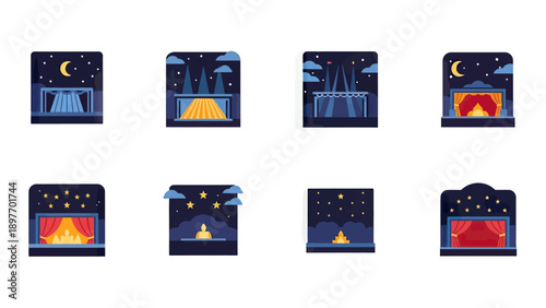 Night Theater Scenes Collection: Stage Lights, Curtains, and Stars