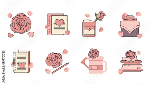 Romantic Rose and Love Letter Icons Set