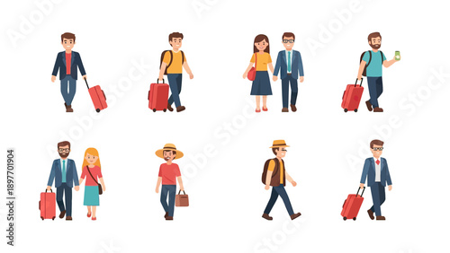 Diverse Travelers with Luggage Collection, Flat Design