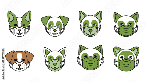Cute Dog and Panda Faces Wearing Medical Masks