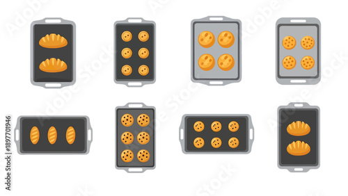 Baking Cookies and Bread on Trays - Flat Design Vector Art