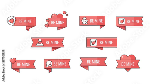 Collection of Valentine's Day Banners with Heart Icons and "Be Mine" Text