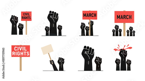 Raised Fists and Protest Signs - Civil Rights March Vector Set