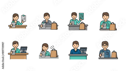 Customer Service Icons: Cashiers and Retail Staff at Work