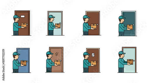 Delivery Person with Parcel at Various Doors Vector Illustration