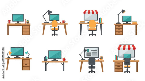 Modern Home Office Desk Setups: Computer, Lamp, and Chair Vector Set