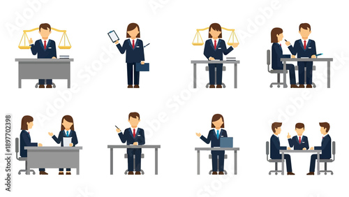 Legal Professionals in Office Scenes, Flat Design Vector Set