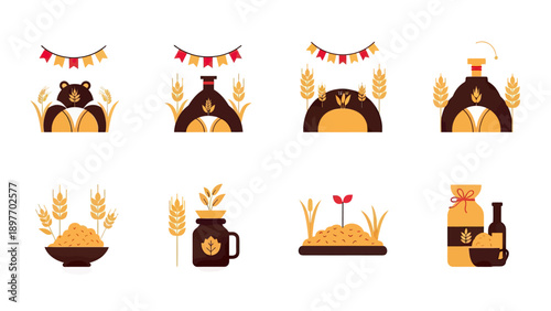 Harvest Festival Icons: Wheat, Bear, Oven, and Food Production