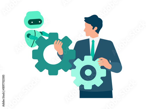Businessman collaborating with AI as a work partner, human and artificial intelligence working together to support tasks, streamline workflow and improve business efficiency