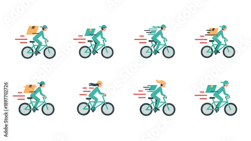 Fast Delivery Cyclists Set: Diverse Couriers on Bikes