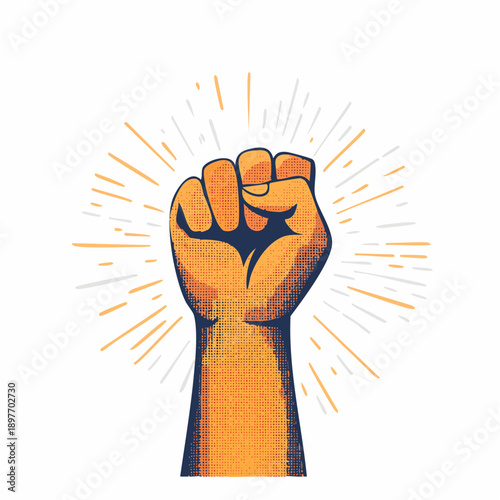 Trendy Halftone Collage Raised Fist up. Demonstration of protest. Fight for your rights.