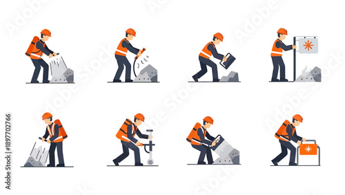 Construction Worker Icons: Demolition, Surveying, and Material Handling