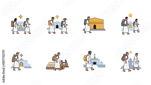 Pilgrims Walking with Backpacks and Religious Symbols