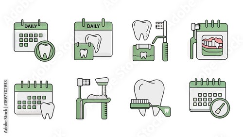 Dental Care Icons: Tooth Calendar, Brush, and Equipment Set
