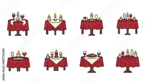 Romantic Dinner Table Settings with Candles and Wine Vector Icons