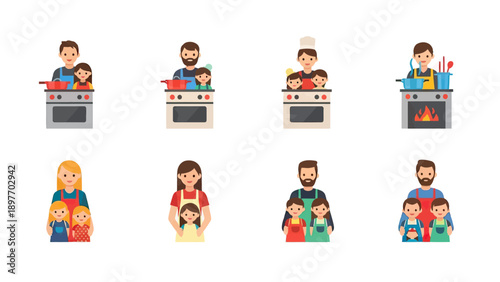 Family Cooking Together Vector Icons Set