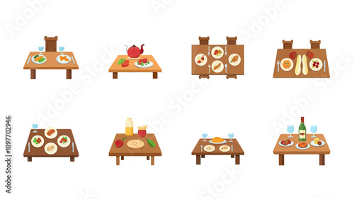 Dining Table Settings and Food Arrangements Set