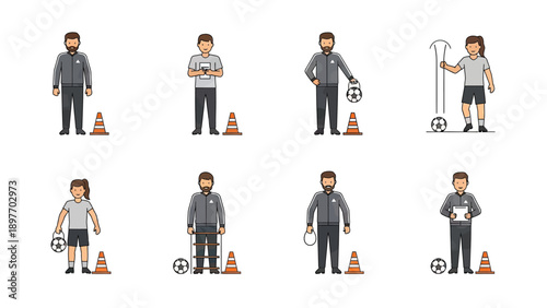 Soccer Coach and Player Training Icons, Pixel Art Style