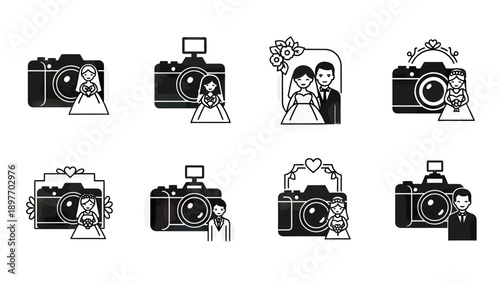 Wedding Photography Icons: Camera with Bride and Groom Silhouettes