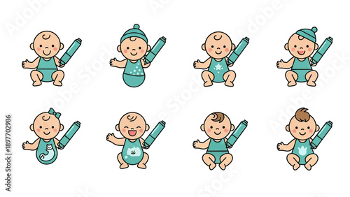 Cute Baby Characters Holding Markers Vector Illustration