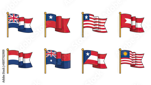 Collection of Waving National Flags on Poles