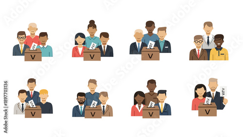Diverse Groups Voting at Ballot Boxes Vector Illustration
