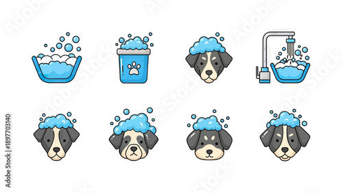 Cute Dog Grooming Icons Set: Bathing, Bubbles, and Washing Elements