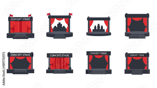 Concert Stage Designs with Red Curtains and Steps