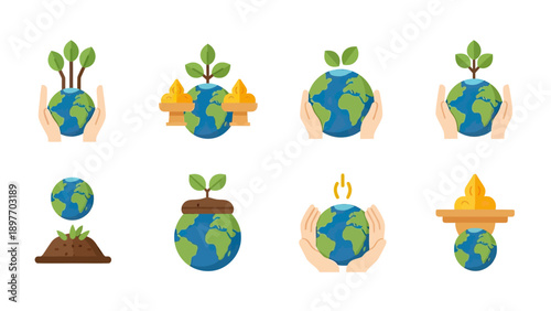 Earth Care Icons: Hands Holding Planet, Growing Saplings, and Eco Symbols