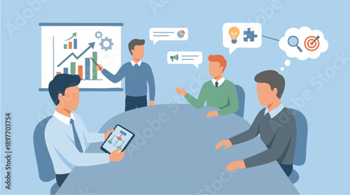 Business meeting with colleagues discussing strategy.